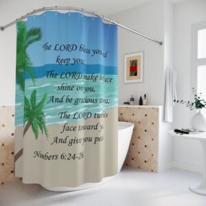 Beach Palm Shower Curtain with Numbers 6:24-26 Blessing — Inspirational Scripture Bathroom Decor