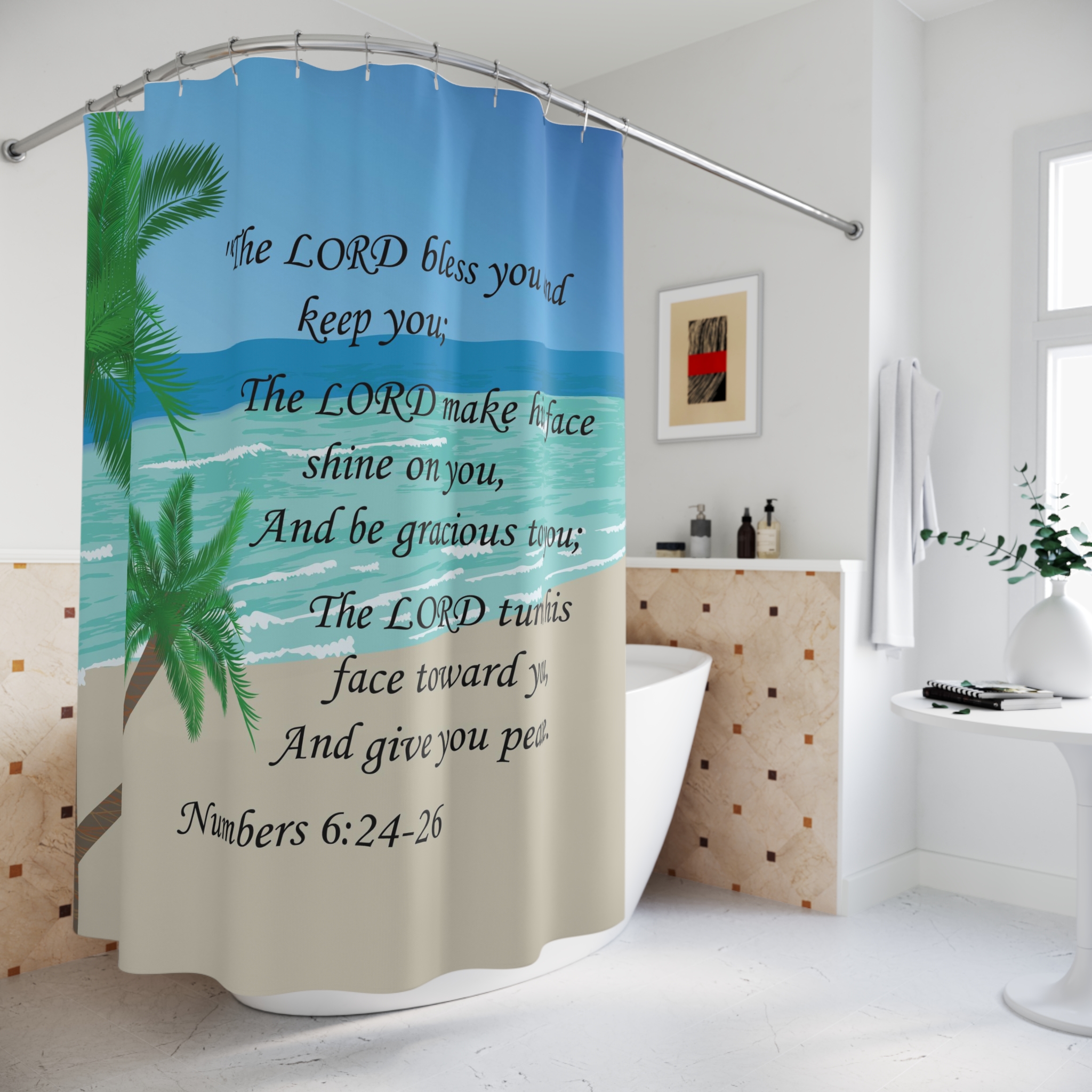 Beach Palm Shower Curtain with Numbers 6:24-26 Blessing — Inspirational Scripture Bathroom Decor