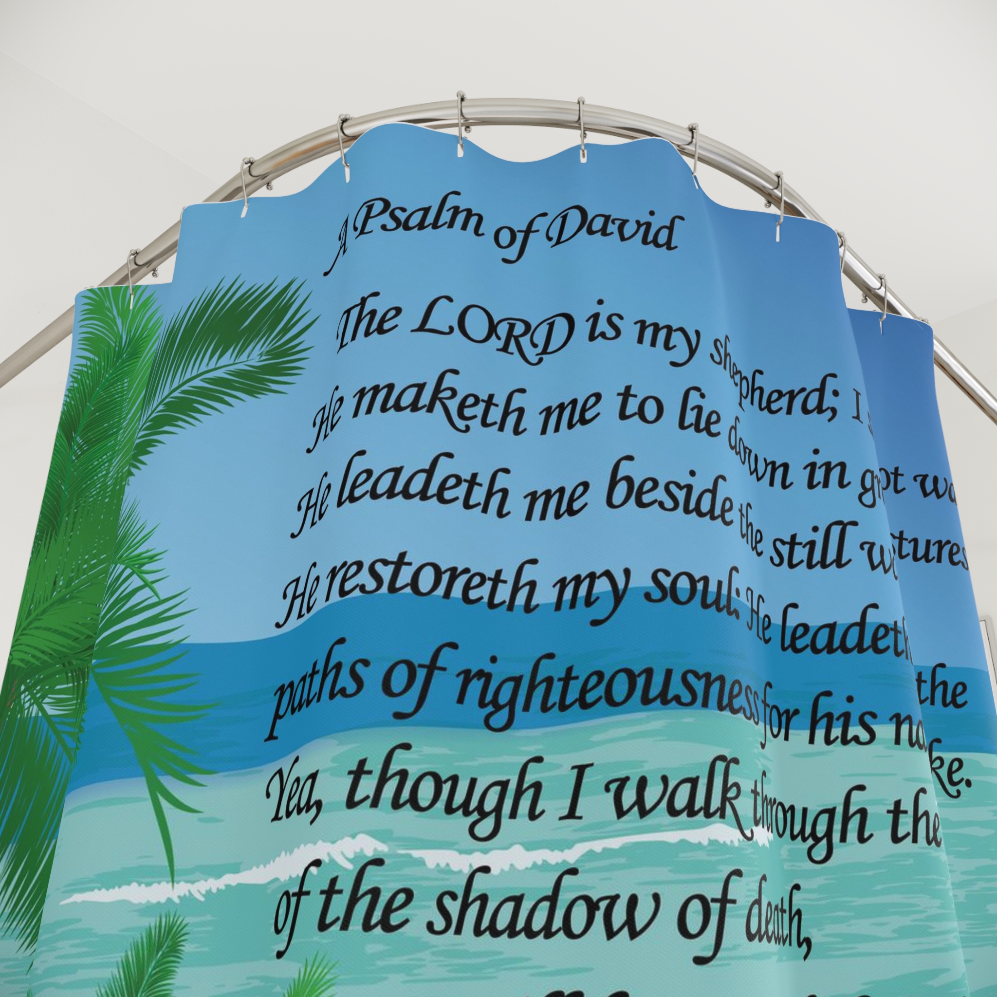 Psalm 23 Beach Shower Curtain — Religious Palm Tree Scripture Bath Decor - Image 2