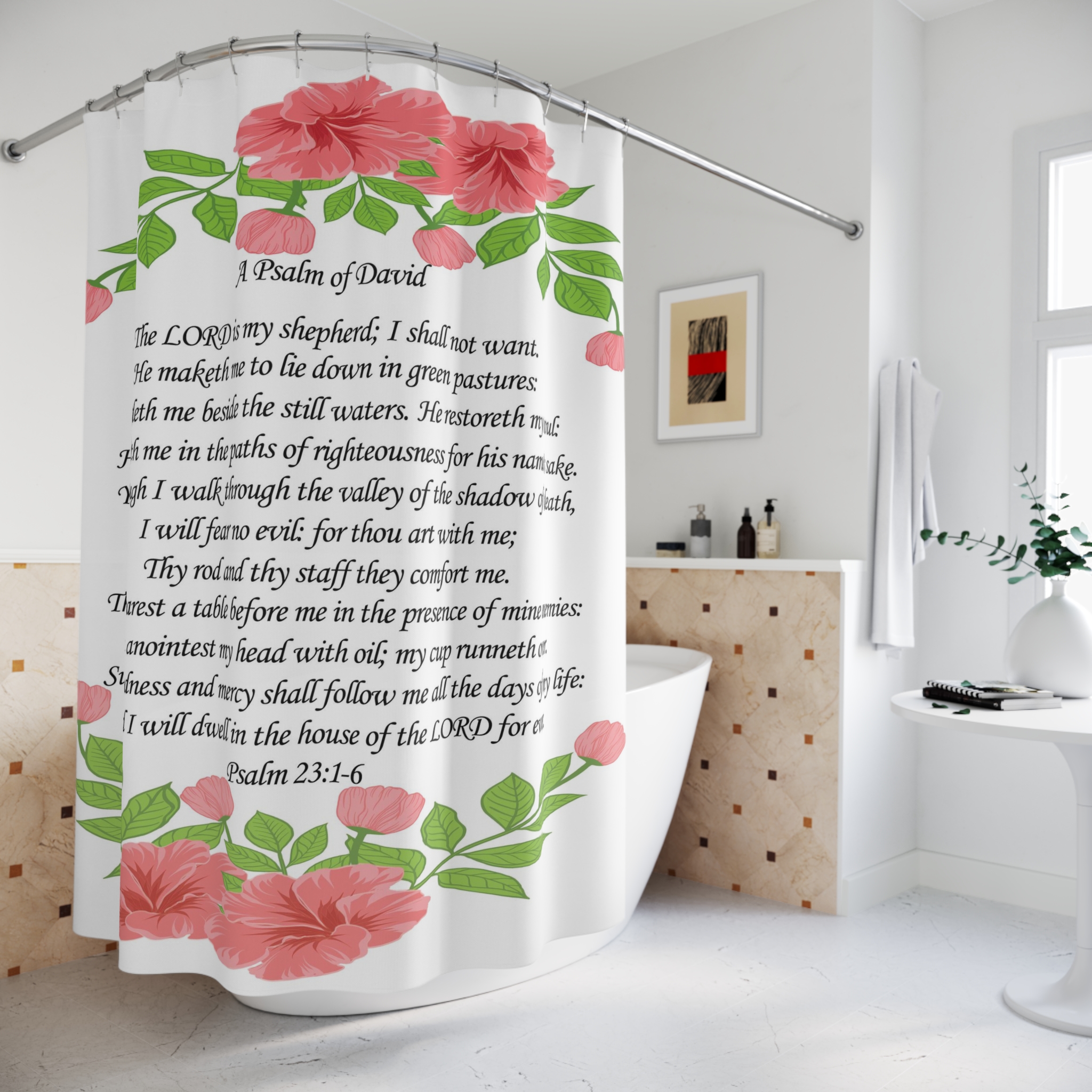 Psalm 23 Floral Shower Curtain — "The LORD is my shepherd" Scripture Bathroom Decor - Image 4