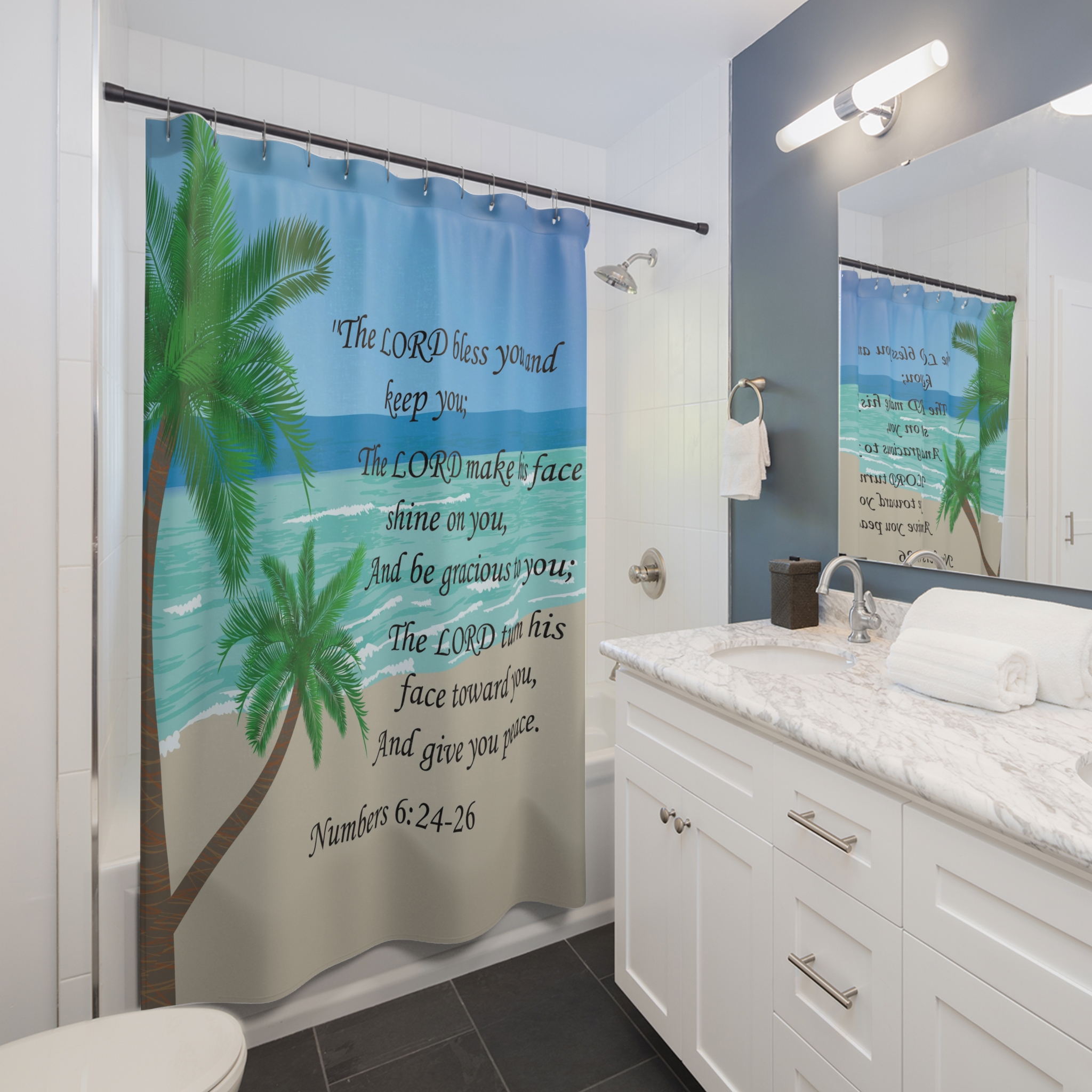 Beach Palm Shower Curtain with Numbers 6:24-26 Blessing — Inspirational Scripture Bathroom Decor - Image 3