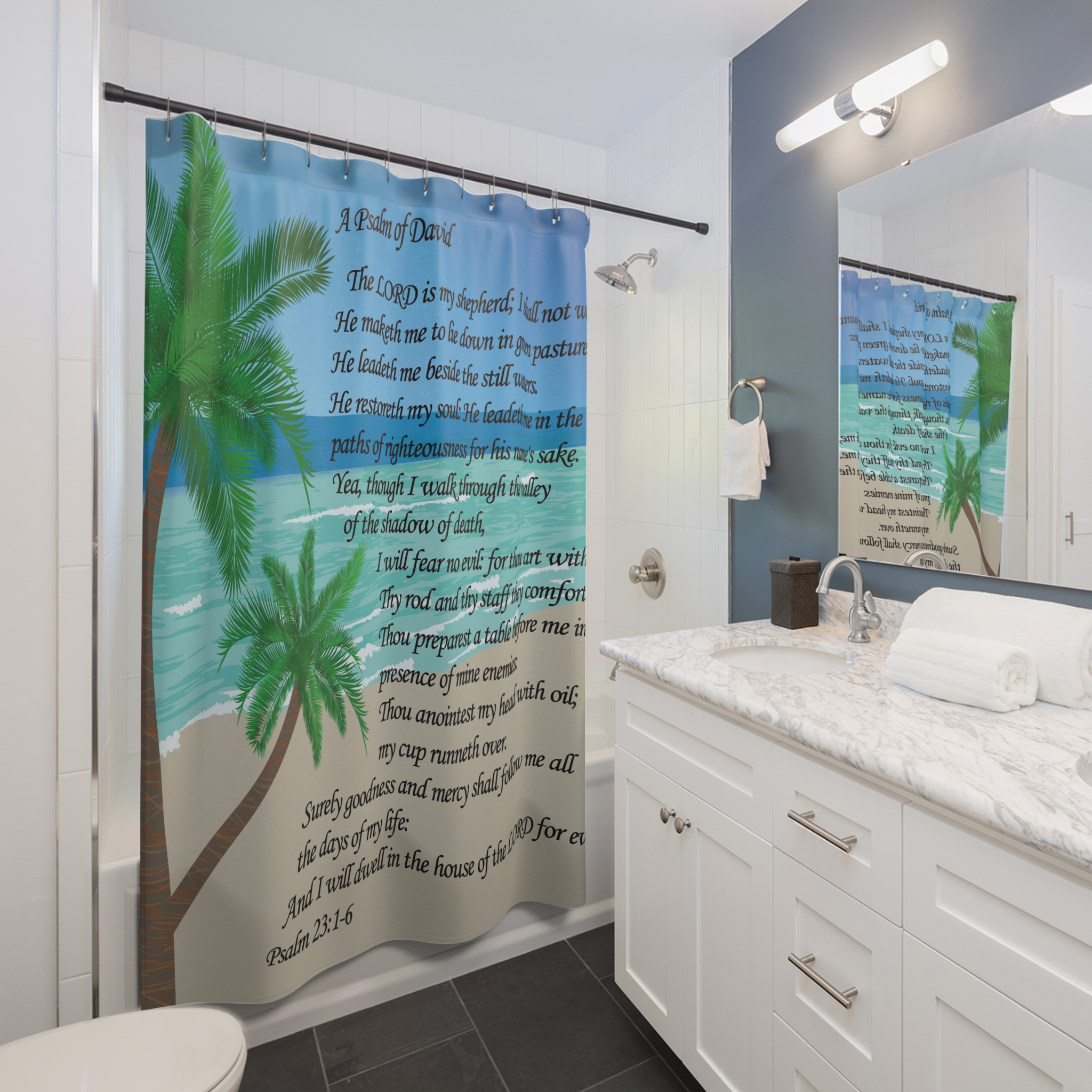 Psalm 23 Beach Shower Curtain — Religious Palm Tree Scripture Bath Decor