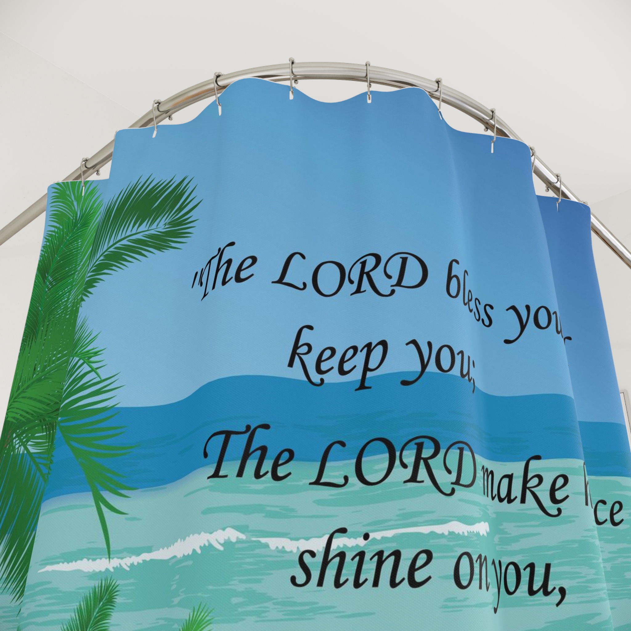 Beach Palm Shower Curtain with Numbers 6:24-26 Blessing — Inspirational Scripture Bathroom Decor - Image 2