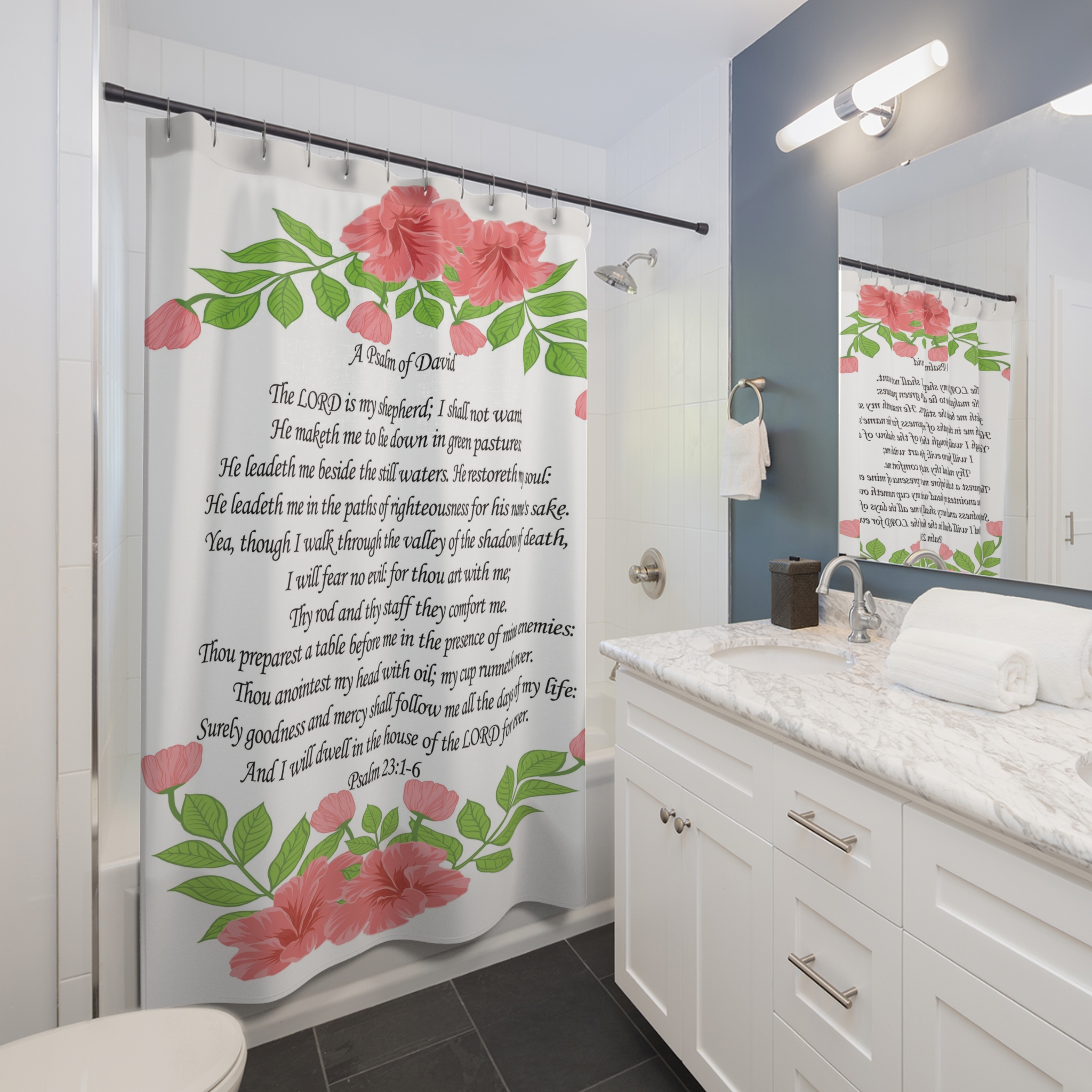 Psalm 23 Floral Shower Curtain — "The LORD is my shepherd" Scripture Bathroom Decor
