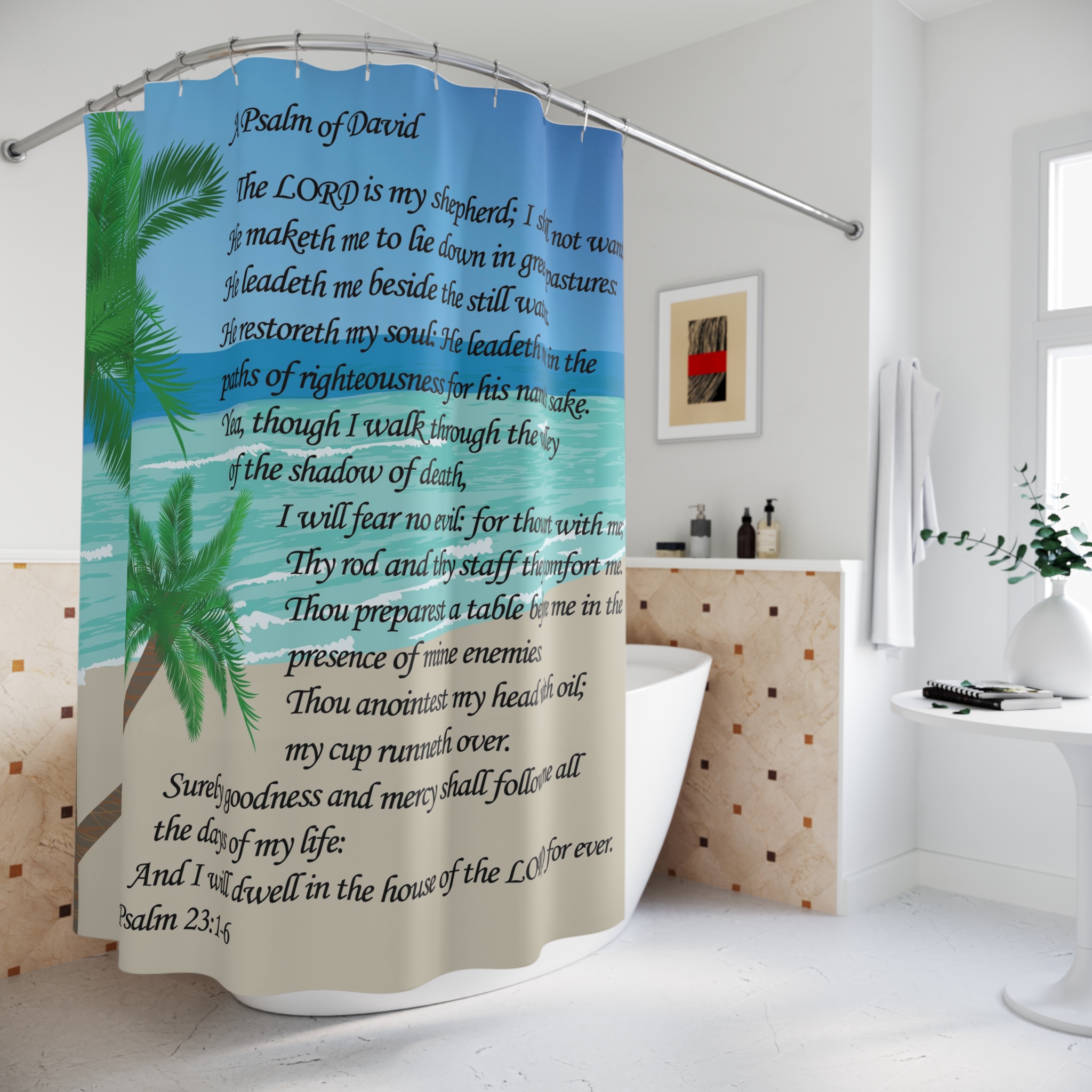 Psalm 23 Beach Shower Curtain — Religious Palm Tree Scripture Bath Decor - Image 4
